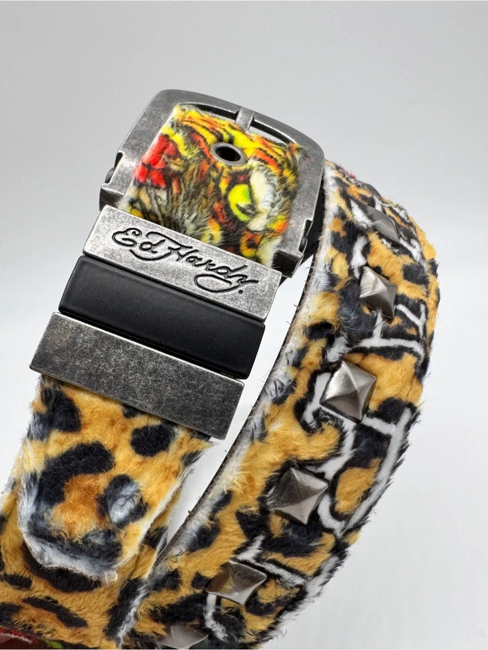 Ed Hardy Belt Size 34 Tiger Leopard Print Studded Faux Fur Rhinestone Buckle NWT